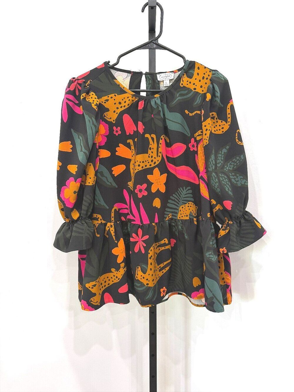 Mud Pie Large Black Floral and Leopard Print Peplum Blouse